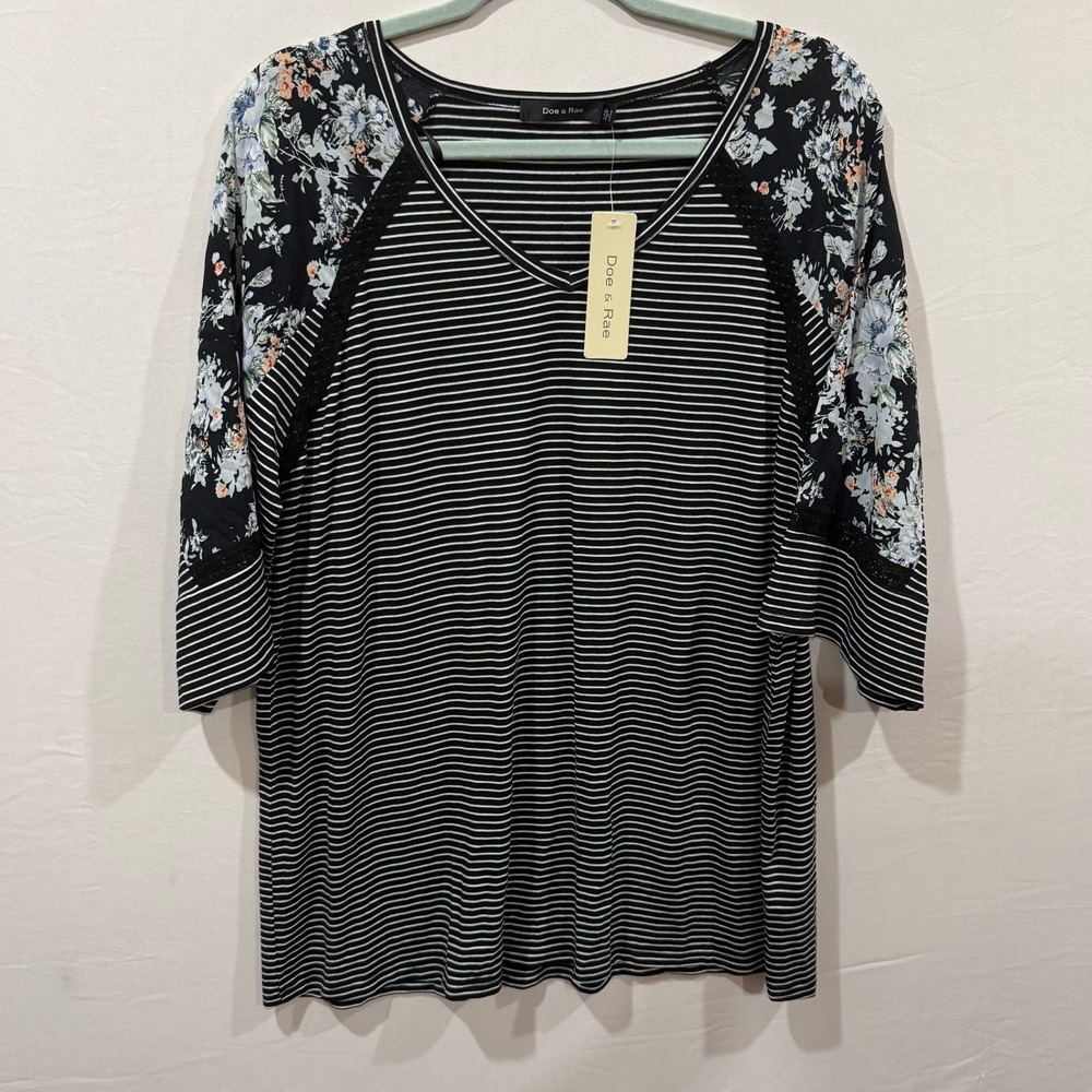 Doe & Rae Womens XL Striped Floral Mixed Media V-Neck 3/4 Sleeve Top 14241TPL